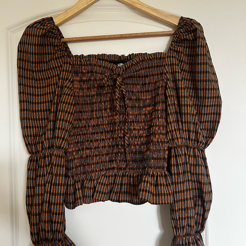 Plaid Smocked Women's Top - Black, Blue, and Orange